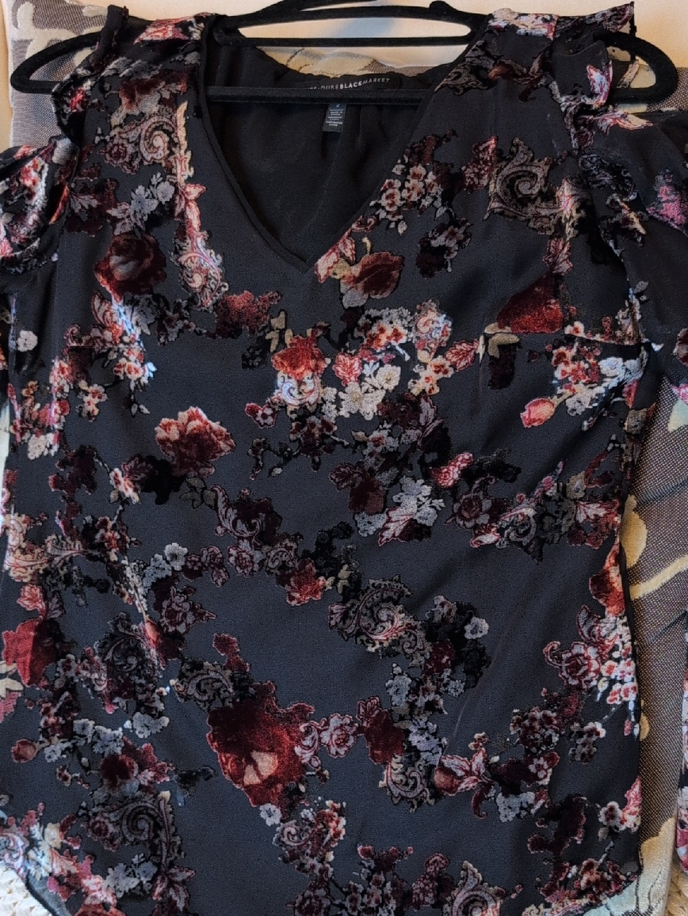Black Floral Velvet Burnout V-Neck Blouse